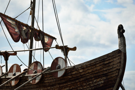 Wooden viking snekkja longship type, close-up, Finlandの写真素材