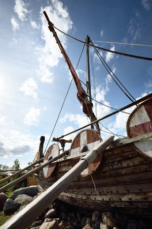Wooden viking snekkja longship type, close-up, Finlandの写真素材