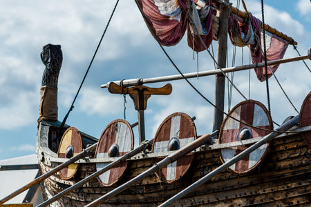 Wooden viking snekkja longship type, close-up, Finland