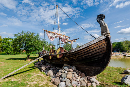 Wooden viking snekkja longship type, close-up, Finlandの写真素材