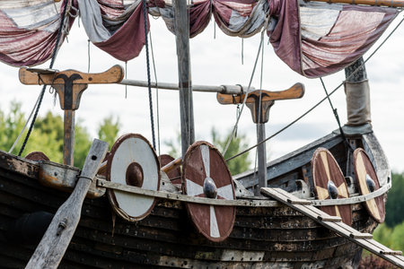 Wooden viking snekkja longship type, close-up, Finlandの写真素材