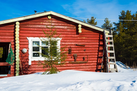Old red wooden house on the snow-covered hill close-up, pine forest in the background. People are staying home because of coronavirus (COVID-19) outbreak. Karelia North. Lapland. Kuito lakeの写真素材