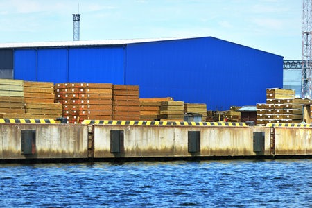 Wooden cargo close-up. Port of Riga, Baltic sea, Latviaの写真素材