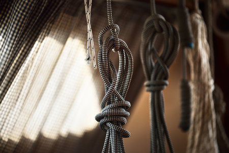 Sailing ropes and knots close-up. Special equipment, rigging, traditional craft, technology themes....