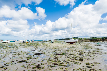 Yachts during ocean low tide in Plouguerneau, Brittany, France. Close-upの写真素材