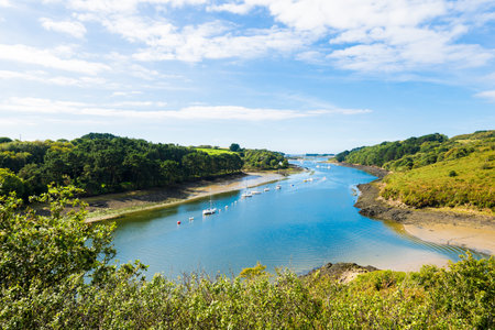 Yachts and boats anchored on mooring in Ãlorn river. Aerial view. Summer landscape. Brittany, France. Leisure activity, recreation themeの写真素材