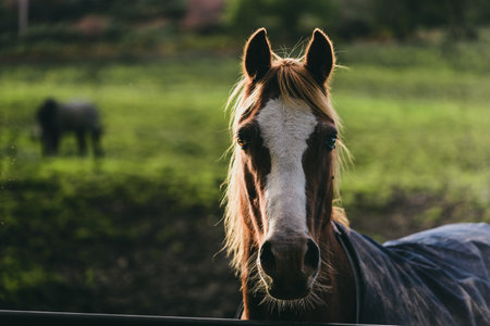 A brown horse on a country farm at sunset, portrait close-up. Ardrishaig, Loch Fyne, Crinan canal, Argyll and Bute, Scotland, UK. Animals, agriculture, farm, environmental protectionの写真素材