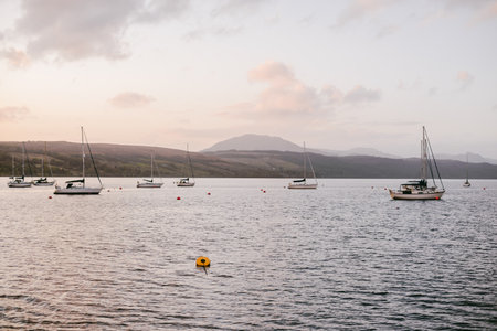 Yachts and wooden boats anchored on mooring near the shore of Gare Loch and a small village Rhu,...
