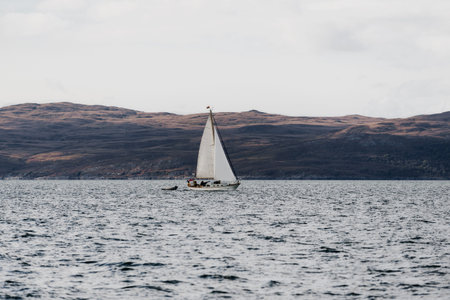 White yacht sailing near the rocky shores (cliffs) of the west coast of Jura island, a view from the...