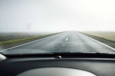 Panoramic view from the car of the empty highway through the fields and forest in a fog at sunrise. Europe. Transportation, logistics, travel, road trip, freedom, driving. Rural sceneの写真素材