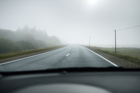 Panoramic view from the car of the empty highway through the fields and forest in a fog at sunrise. Europe. Transportation, logistics, travel, road trip, freedom, driving. Rural sceneの写真素材