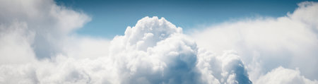 Clear blue sky with glowing white cumulus clouds. Midday sun. Panoramic dramatic cloudscape. Concept art, meteorology, climate change, religion, heaven, hope, peace, graphic resourcesの写真素材