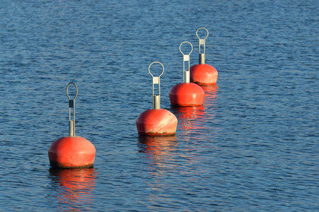 Orange mooring buoys in the new yacht harbor (marina), close-up. Water surface texture. A view from...
