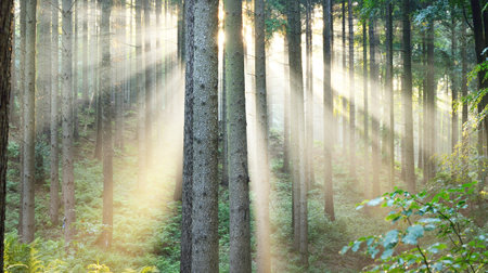 Panoramic view of the majestic green deciduous and pine forest in a morning fog. Tree silhouettes. Sun rays, pure sunlight. Atmospheric dreamlike summer landscape. Nature, ecology, fantasy, fairytaleの写真素材