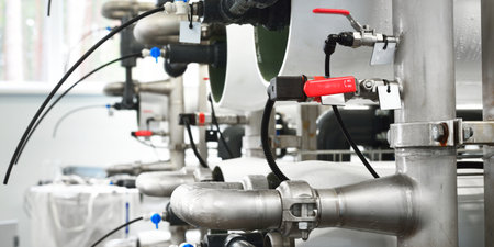 Large industrial water treatment and boiler room. Armature, pipes, valves, tags.