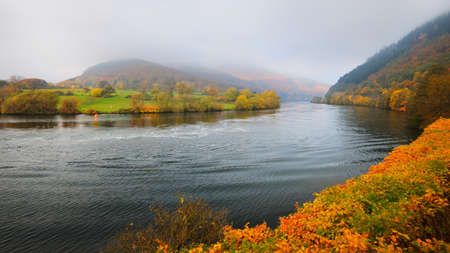 Neckar river valley view in autumn. Colorful orange foliage hills next to Heidelberg, Germany....