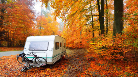 Caravan trailer with a bicycle parked in a golden beech tree forest. Colorful red, orange and yellow leaves on the ground. Panoramic autumn landscape. Leisure activity in Heidelberg, Germanyの写真素材
