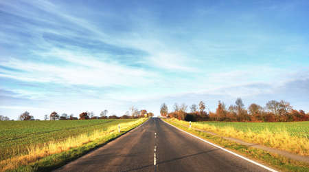 Straight countryside asphalt road on a clear autumn day. Idyllic rural scene. Travel destinations,...