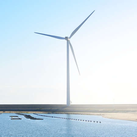 Wind turbine generator against clear blue sky. Environmental conservation in Zeeland, Netherlands....