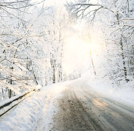 Panoramic view of the clean highway (asphalt road) through snow-covered field, forest, village. Winter rural scene. Travel, Christmas vacations, logistics, dangerous driving, off-road, transportationの写真素材