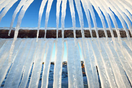 Large icicles close-up. Clear blue sky. Concept winter landscape. Midday sun. Seasons, ecology,...
