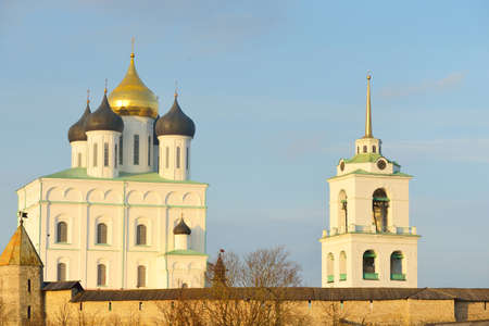 Panoramic view of the Kremlin walls and embankment in Pskov, Russia. Close-up of Trinity Cathedral. Travel destinations, Russian culture and orthodox religion, national landmark, sightseeing, tourismの写真素材