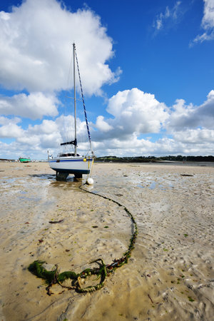 Yacht during ocean low tide in Plouguerneau, Brittany, Franceの写真素材