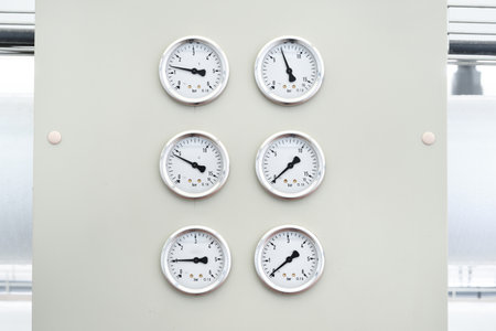 A set of shiny industrial barometers in a boiler and water treatment roomの写真素材