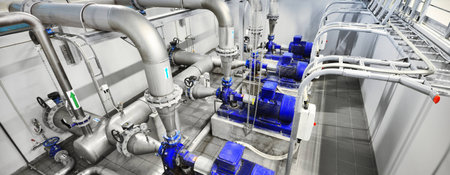 Pump station for reverse osmosis industrial city water treatment station. Wide angle perspectiveの写真素材