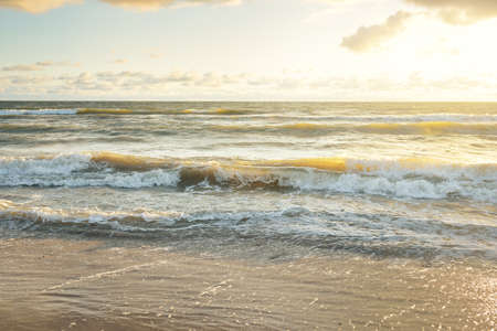 Baltic sea shore (sand dunes, beach) after the storm. Sunset, soft golden sunlight, glowing clouds. Picturesque panoramic scenery. Nature, environment, ecology, ecotourism, hiking, exploring conceptsの写真素材