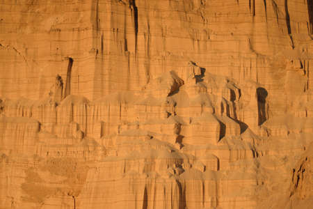 Panoramic view of the red sandstone canyon (quarry) at sunset. Atmospheric landscape. Travel...
