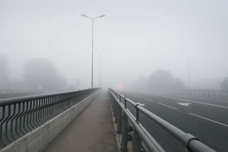An empty illuminated asphalt road (highway) in a thick fog. Pedestrian walkway, crossing, street lights. Dangerous driving, walking, cycling, traffic laws conceptsの写真素材