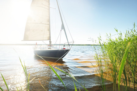 Blue sloop rigged yacht anchored to the sandy shore (beach overgrown with grass). Sailing in Sweden,...