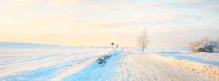 Country road through snow-covered field after a blizzard at sunset. Clear sky, golden light. Idyllic...