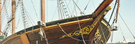 Mast of an elegant historical training ship against clear blue sky. Turku, Finland. Travel...