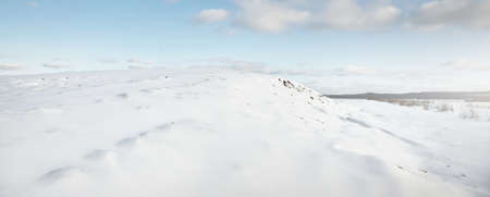 Panoramic view of the country snow-covered field, snowdrifts with human and car tracks. Winter rural scene. Christmas, travel, logistics, dangerous driving, off-road, transportation, remote placesの写真素材