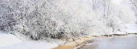 Snow-covered trees in a city park, a view of the embankment and river. Christmas vacations in Riga, Latvia. Winter wonderland. Idyllic landscape. Weather, seasons, climate changeの写真素材