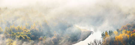 Breathtaking panoramic aerial view of the colorful red, orange and yellow trees of a mixed coniferous forest and river in a morning fog. Fairy autumn landscape. Gauja national park, Sigulda, Latviaの写真素材