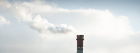Panoramic view of the large central heating station in dramatic light. Pipe close-up. Ecology,...