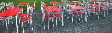 Closed cafe, resting zone in a summer garden.の写真素材