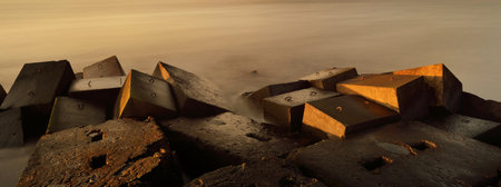Breakwaters. Stunning seascape. Long exposure. Baltic sea, Riga bay, Latvia. Panoramic imageの写真素材