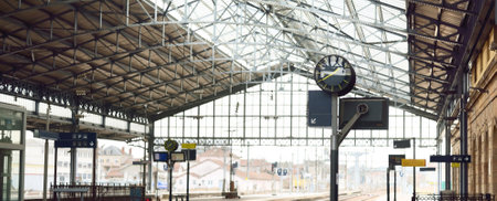 An empty railway station, panoramic view. Northern France, Europe. Travel destinations,...