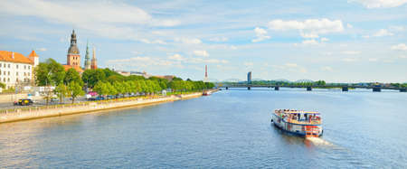 Panoramic aerial view of the Riga old town and Daugava river. Bridges and TV tower in the...