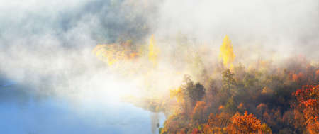 Golden forest hills in a morning fog. Panoramic aerial view. Dreamlike autumn landscape. Gauja national park, Sigulda, Latviaの写真素材