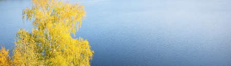 Panoramic aerial view of the forest and a blue river. Clear sky, soft morning sunlight. Colorful...