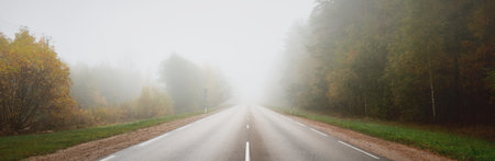 Empty asphalt road (highway) in a thick fog. Concept urban autumn landscape. Transportation,...