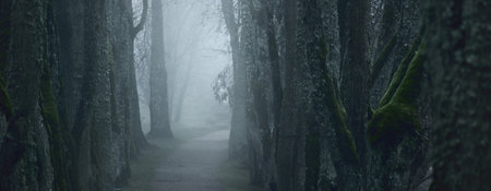 Alley (walkway) through the mighty trees. Thick fog. Atmospheric landscape. Panoramic view