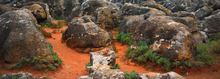 Red beach, rocky shores and cliffs of Cascais, Portugal, close-up. Travel destinations, national...