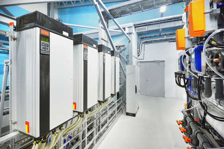 Pump station for reverse osmosis industrial city water treatment station. Wide angle perspective....