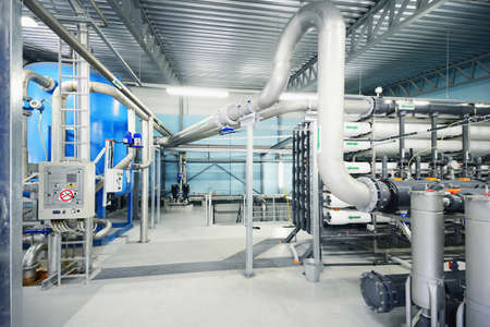 Reverse osmosis industrial city water treatment station. Wide view on the hall. Technology,...